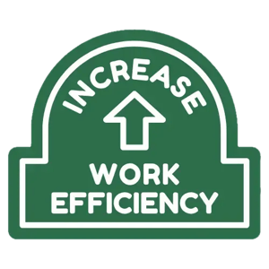 Badge vert en forme de dôme avec une flèche vers le haut et l'inscription 'INCREASE WORK EFFICIENCY'