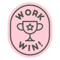 Sticker ovale rose avec l'inscription 'Work Win!' et une icône de trophée avec une étoile