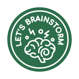 Badge rond vert 'Let's Brainstorm' avec icône de cerveau et éclairs