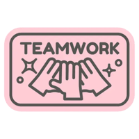 Badge rectangulaire rose 'Teamwork' avec trois mains qui se touchent et des étincelles
